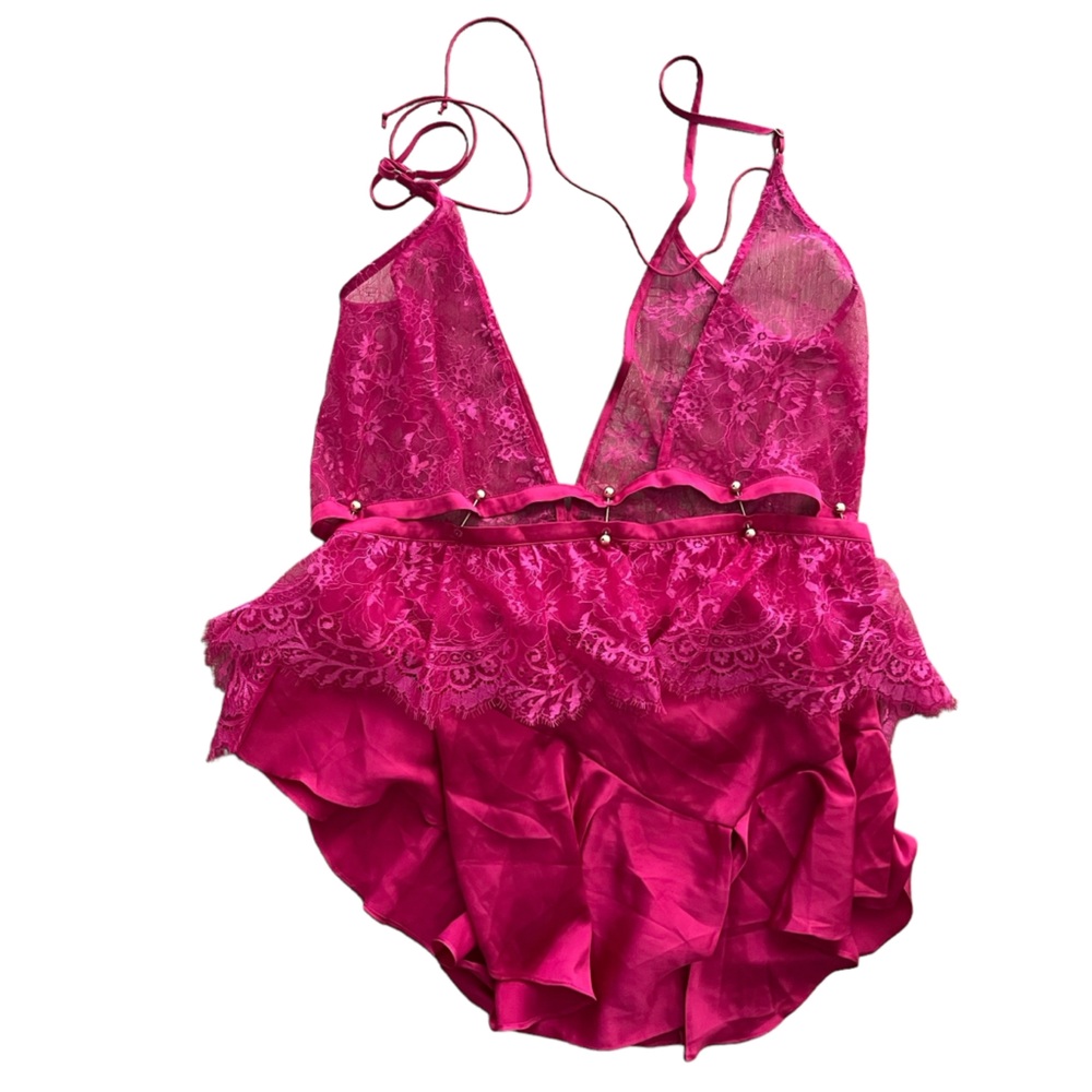 For Love & Lemons Pink Lace Teddy‎ Lingerie Ruffle Plunge NWT